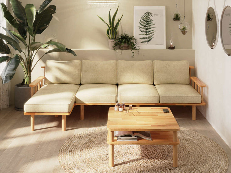 Classic right-corner sofa in sand linen with a Lysa coffee table
