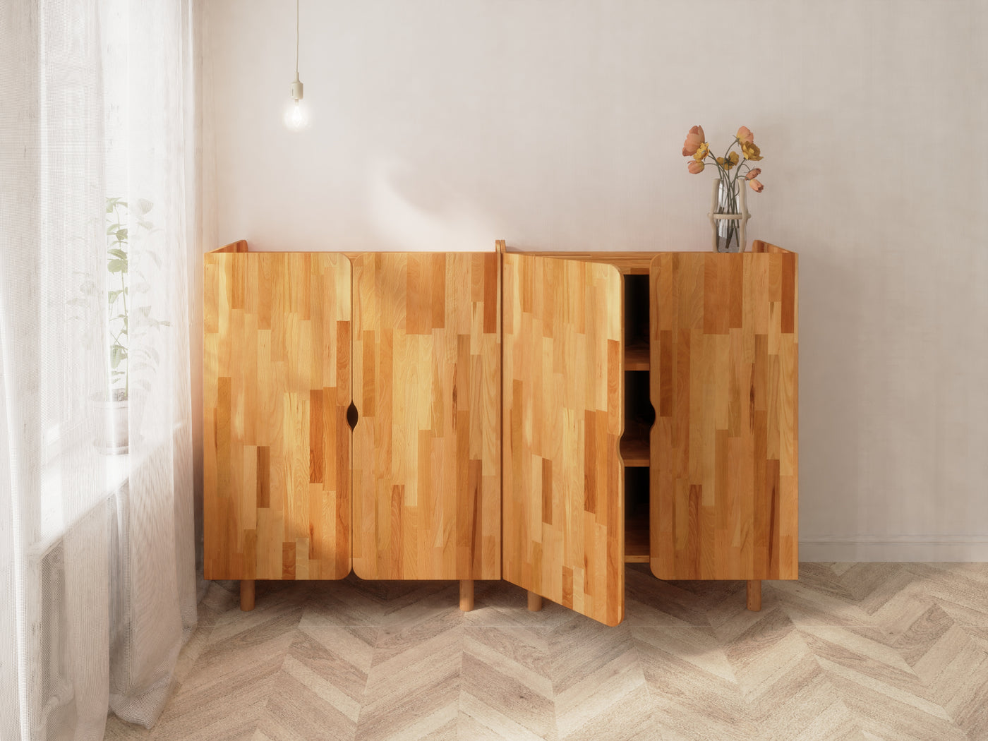 A pair of solid beech sideboards against a plain wall