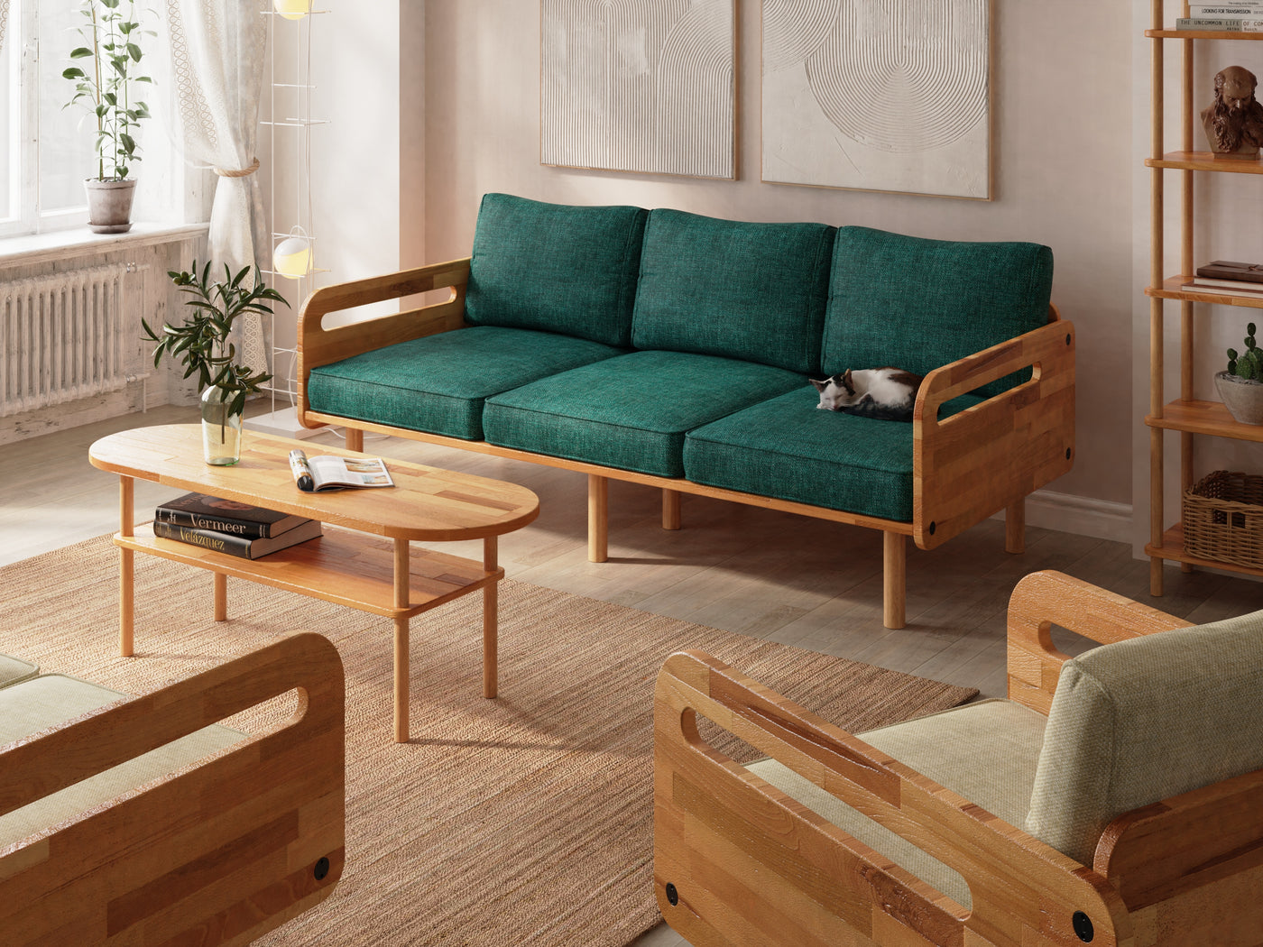 Camren three-seat sofa in petrol blue linen with a matching armchair and loveseat in sand linen