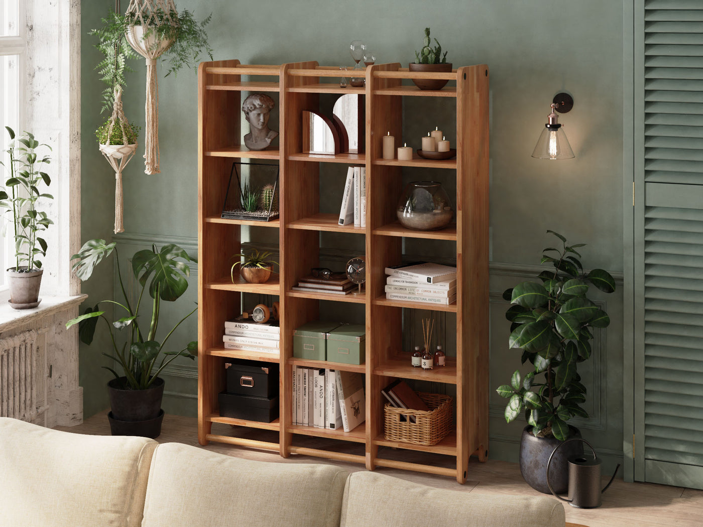 A solid beech bookcase and corner seating in a bright living room